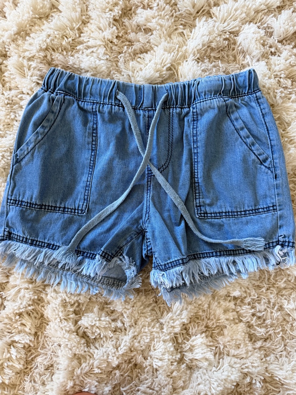 Light Denim Frayed Hem Drawstring Jean Shorts